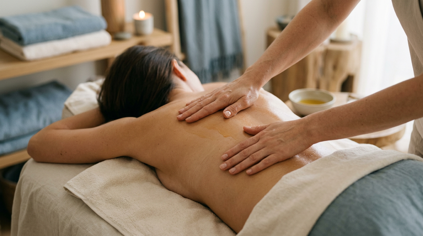 Hands applying massage in a calm spa setting